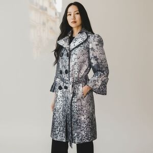 Anemega Brown Floral Women's Pea Coatwith 3/4 Pleated Sleeves Size Small